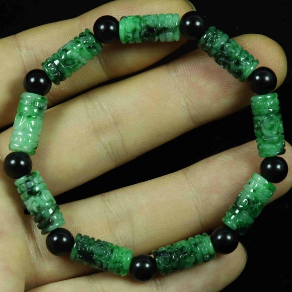 Green 100% Natural A Jade Jadeite Mantra Barrel Bead Bracelet 真言手链 - Picture 1 of 8